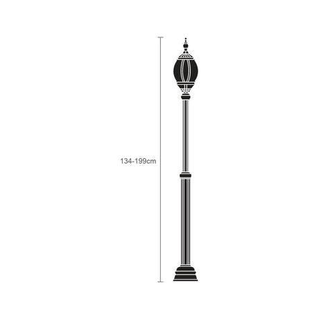 Mullion cast aluminium outdoor lamp post in black, 134-199cm adjustable column with ornate single-light lantern top, shown on a plain white background.
