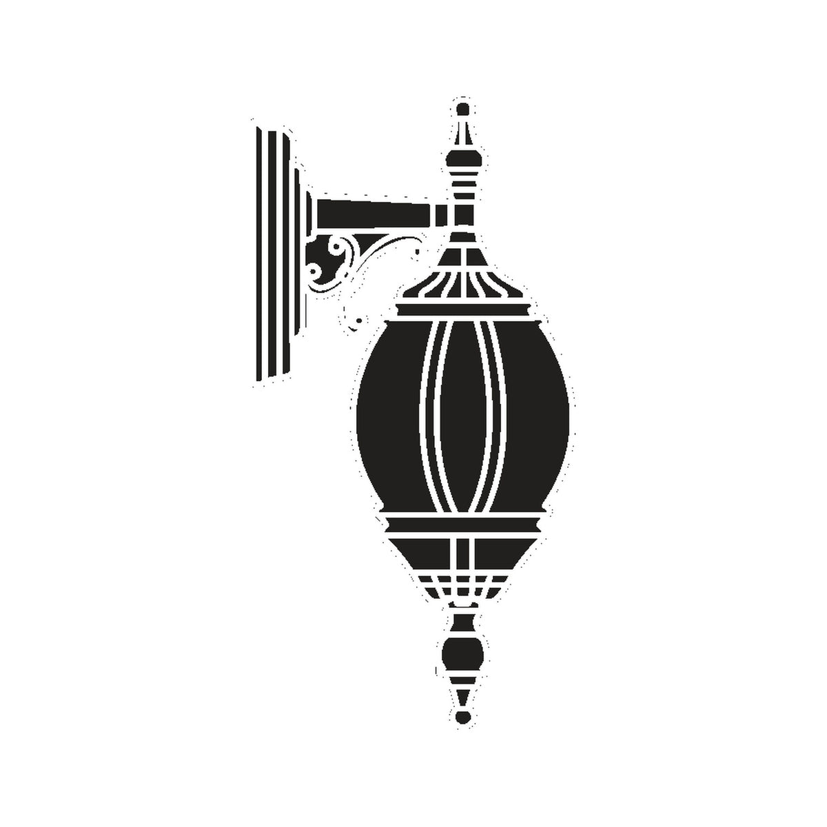 Mullion cast aluminium outdoor hanging wall lantern in black with ornate wall bracket and ribbed oval lantern body, shown as a graphic silhouette on a plain white background.