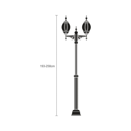 Mullion Large cast aluminium outdoor lamp post in black with 2 ornate lantern heads, adjustable 193-258cm column, shown as a line illustration on a white background.