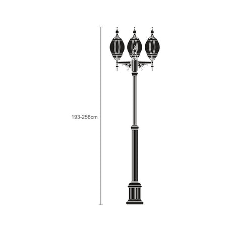 Mullion Large 3-light cast aluminium outdoor lamp post in black, 193-258cm adjustable column with ornate lantern heads, shown on a plain white background with height guide.
