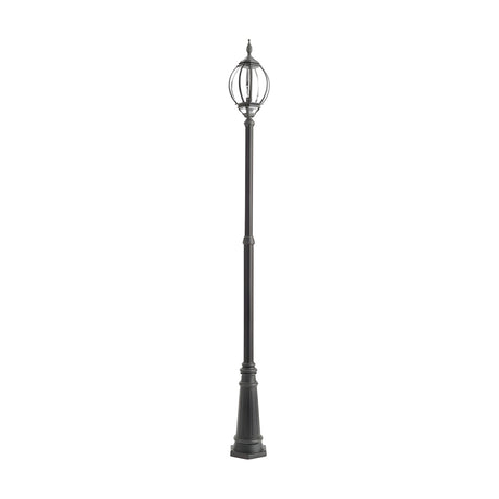Mullion Large cast aluminium outdoor lamp post in black, tall adjustable column with a spherical caged lantern head, shown on a plain white background.