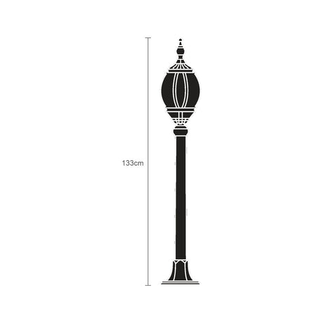 Mullion Large cast aluminium outdoor bollard light in black, 133cm tall with ornate lantern head on a slim post base, shown on a plain white background with height marker.