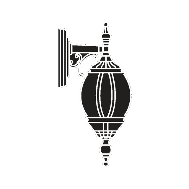 Mullion Large cast aluminium outdoor hanging wall lantern in black, oval lantern with vertical ribs suspended below a scrolled wall bracket, on a plain white background.