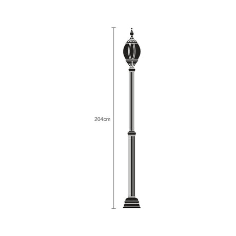 Mullion Large cast aluminium outdoor lamp post, 204cm, black finish with ornate lantern head and fluted column on a stepped base, shown as a line illustration on a white background.