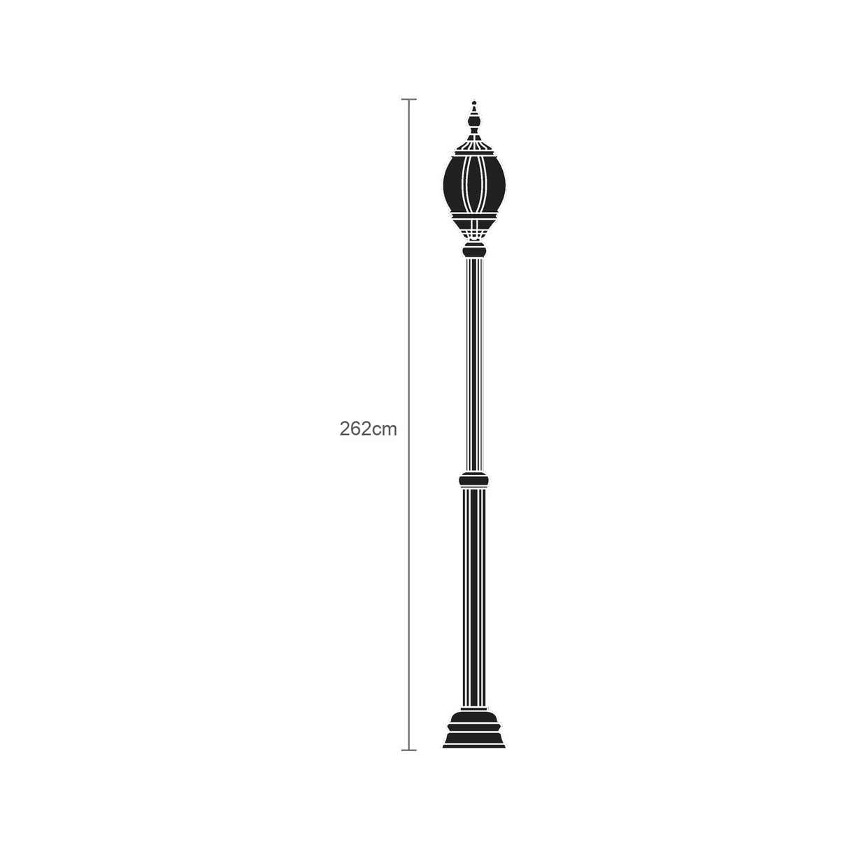 Mullion Large cast aluminium outdoor lamp post, 262cm, single black lantern head with fluted column and stepped base, shown as a line illustration with height dimension on a white background.