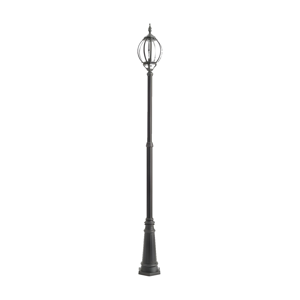 Mullion Large cast aluminium outdoor lamp post, 262cm black column with a single cage-style lantern head and clear lens, on a plain white background.