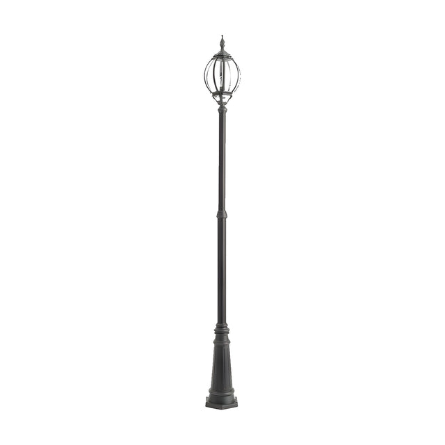 Mullion Large cast aluminium outdoor lamp post, 262cm black column with a single cage-style lantern head and clear lens, on a plain white background.