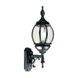 Mullion Large cast aluminium outdoor wall lantern with black-green finish, ornate scrolled bracket, and clear polycarbonate lens, shown on a plain white background.