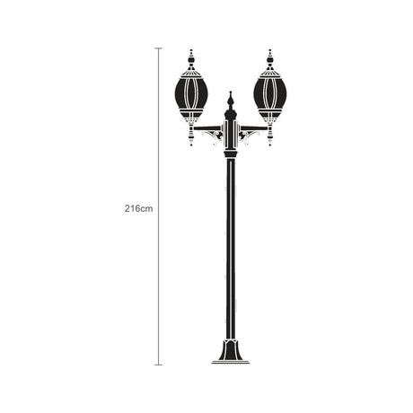 Mullion Small cast aluminium outdoor lamp post, 216cm, with two ornate lantern heads on curved arms atop a slim ribbed column and flanged base, black finish, shown on a white background.