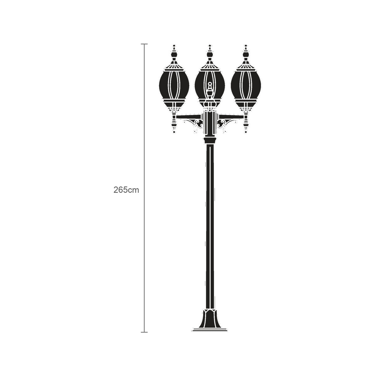 Mullion Small cast aluminium outdoor 3 light lamp post, 265cm black column with ribbed flange-plate base and three ornate lantern heads, shown against a plain white background.
