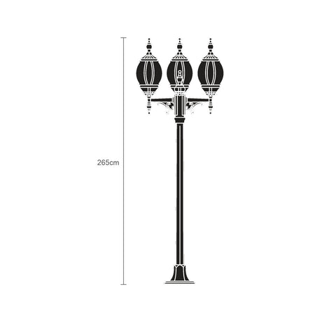 Mullion Small cast aluminium outdoor 3 light lamp post, 265cm black column with ribbed flange-plate base and three ornate lantern heads, shown against a plain white background.