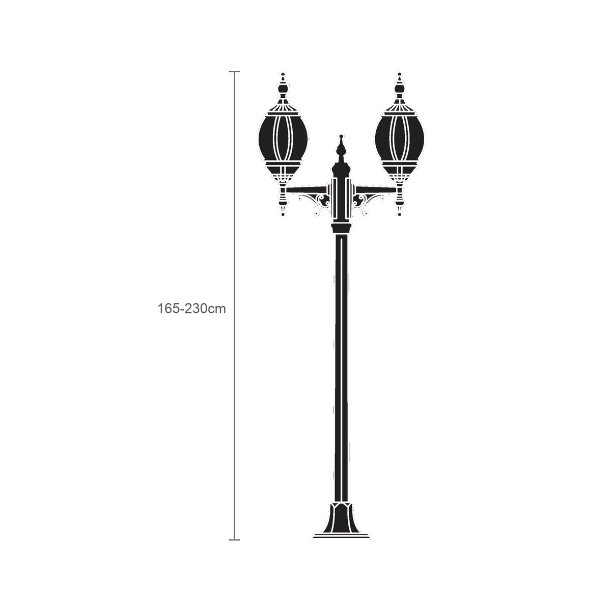 Mullion Small cast aluminium outdoor lamp post in black, 165-230cm adjustable column with two ornate lantern heads, shown against a plain white background with height guide.
