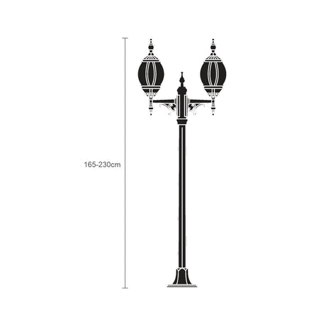 Mullion Small cast aluminium outdoor lamp post in black, 165-230cm adjustable column with two ornate lantern heads, shown against a plain white background with height guide.