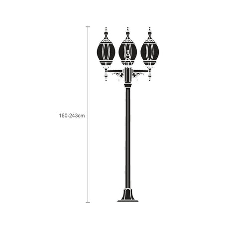 Mullion Small black cast aluminium outdoor lamp post, adjustable 160-243cm column with 3 ornate lantern heads and clear polycarbonate lenses, shown on white background with height marker.