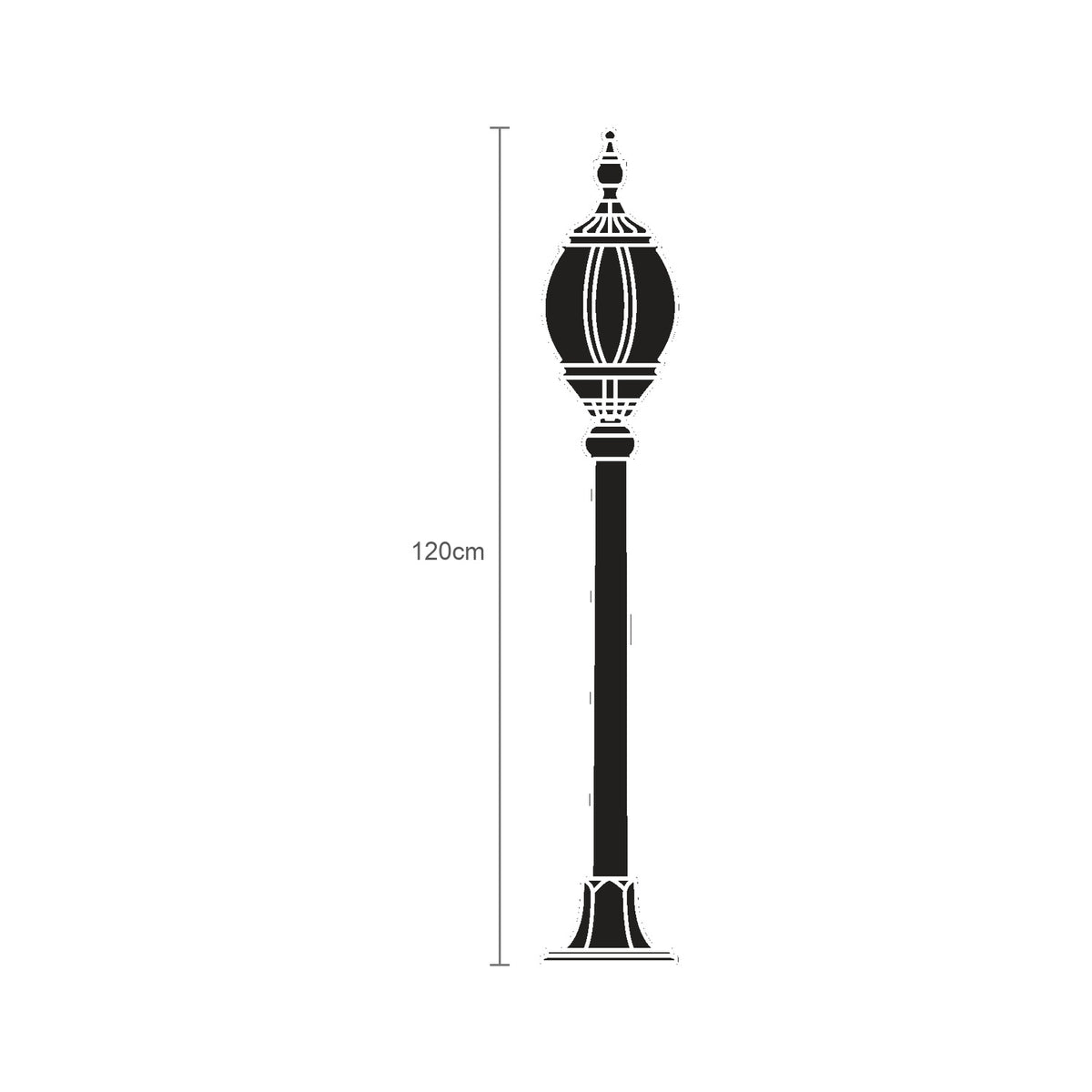 Mullion small cast aluminium outdoor bollard light, 120cm, black finish, lantern-style oval head on slender post with round base, line illustration on white background.