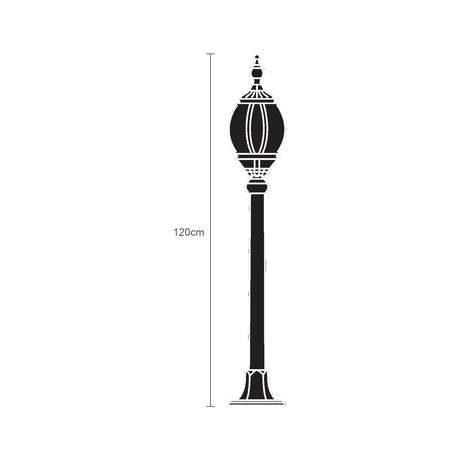 Mullion small cast aluminium outdoor bollard light, 120cm, black finish, lantern-style oval head on slender post with round base, line illustration on white background.