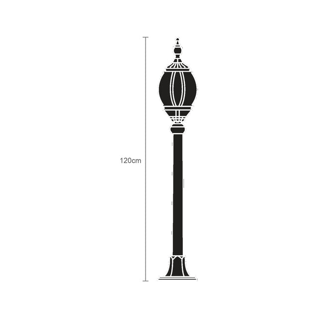 Mullion small cast aluminium outdoor bollard light, 120cm, black finish, lantern-style oval head on slender post with round base, line illustration on white background.