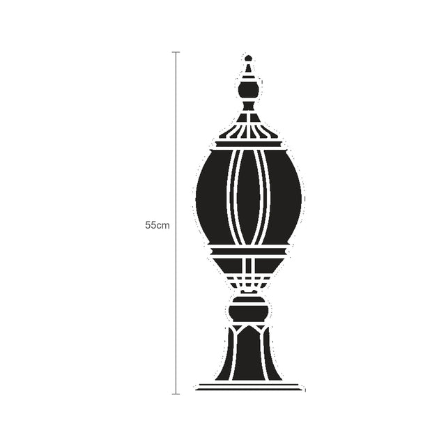 Mullion Small cast aluminium outdoor bollard light, 55cm, with lantern-style oval body on a pedestal base, shown in black silhouette on a white background with height guide.