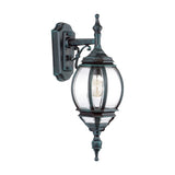 Mullion Small cast aluminium outdoor hanging wall lantern in a dark verdigris finish, with wall bracket, clear polycarbonate lens and visible bulb, shown on a plain white background.