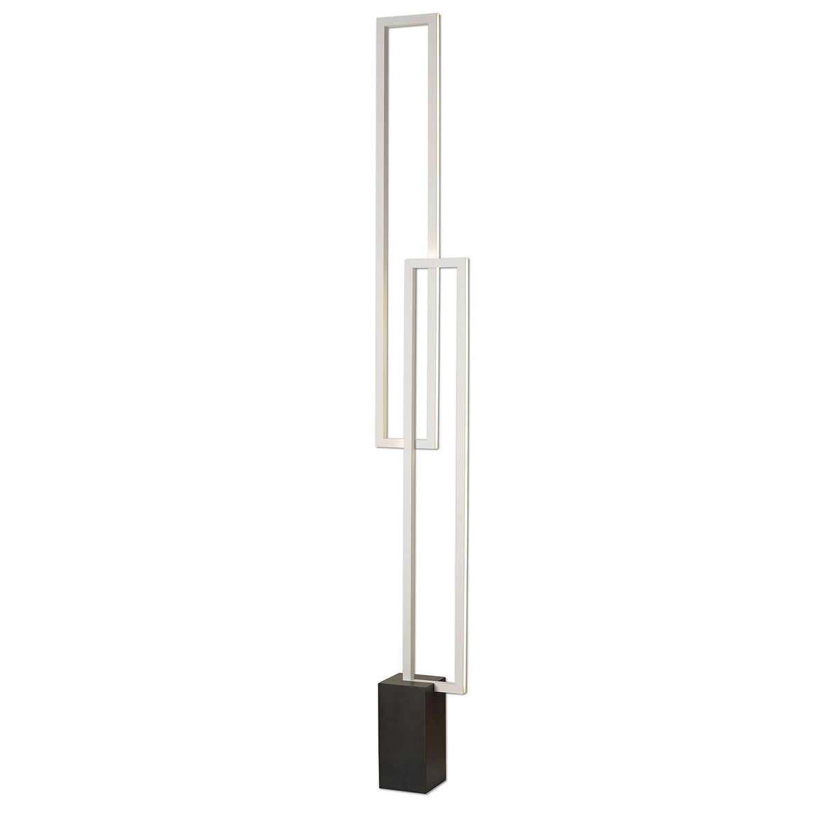 The Mural LED Floor Lamp 48W 3000K in matt white features a minimalist design with two rectangular frames at different heights, perfect for adding modern style and lighting to your living room.