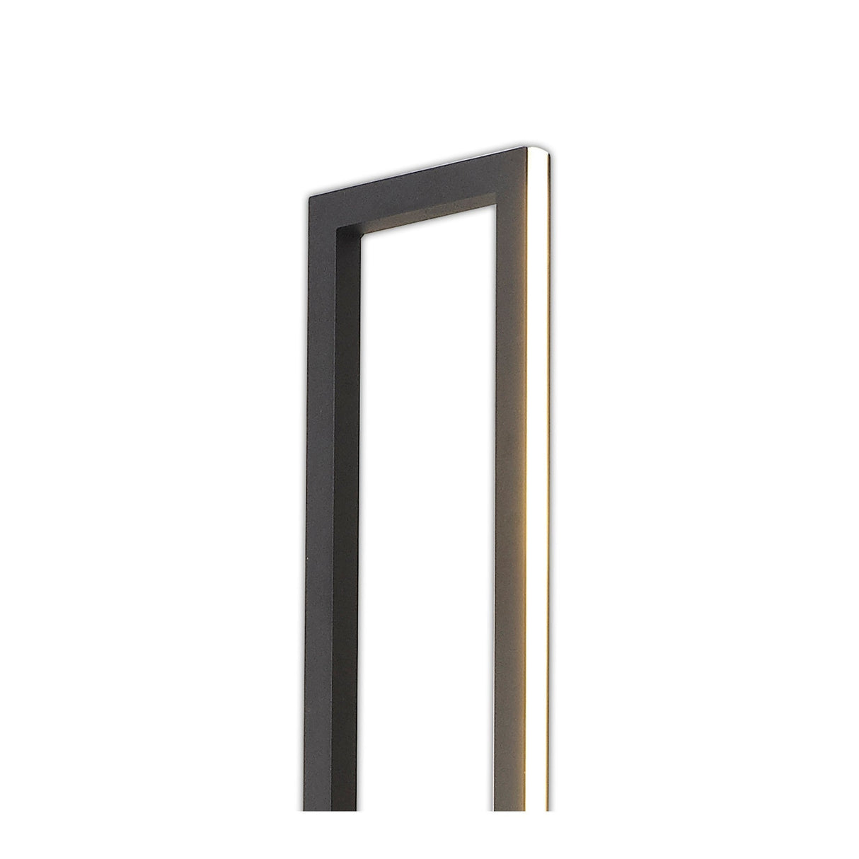 A close-up of the Mural LED Floor Lamp 48W 3000K in matt black shows its slim, modern metal frame against a white background. One edge is softly illuminated, emphasizing its contemporary lighting design.