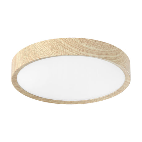 Musurita round LED ceiling light with a white diffuser framed by a deep natural wood-effect rim, plastic and steel body, shown on a plain white background.