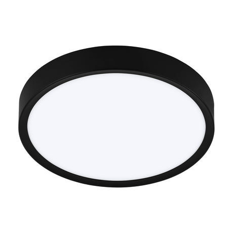 Musurita LED Flush Ceiling Light, 34cm round fixture with black body and white plastic diffuser, integrated LED, shown on a plain white background.