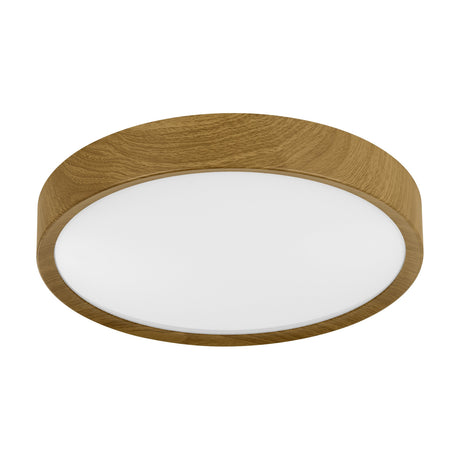 Musurita 34cm round LED flush ceiling light with a natural wood effect drum rim and broad white diffuser, shown on a plain white background.