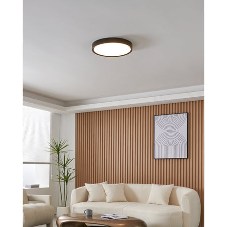 Musurita 44cm round LED flush ceiling light in black, with a slim black rim and white diffuser, shown on a white ceiling above a living room with a beige sofa.