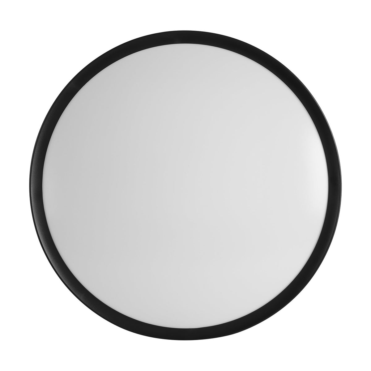 Musurita LED Flush Ceiling Light 44cm in black, round design with a slim black rim framing a white plastic diffuser, shown on a plain white background.