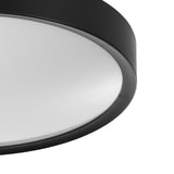 Close-up of the Musurita round LED flush ceiling light, 44cm, showing the black plastic and steel rim framing a white diffuser, on a plain background.