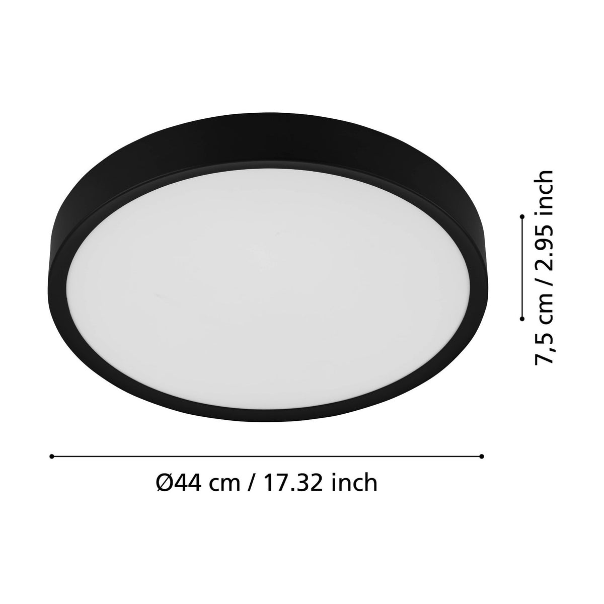 Musurita LED Flush Ceiling Light in black, round 44cm design with white diffuser, shown with dimension labels for diameter and 7.5cm depth on a white background.