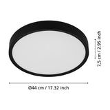Musurita LED Flush Ceiling Light in black, round 44cm design with white diffuser, shown with dimension labels for diameter and 7.5cm depth on a white background.