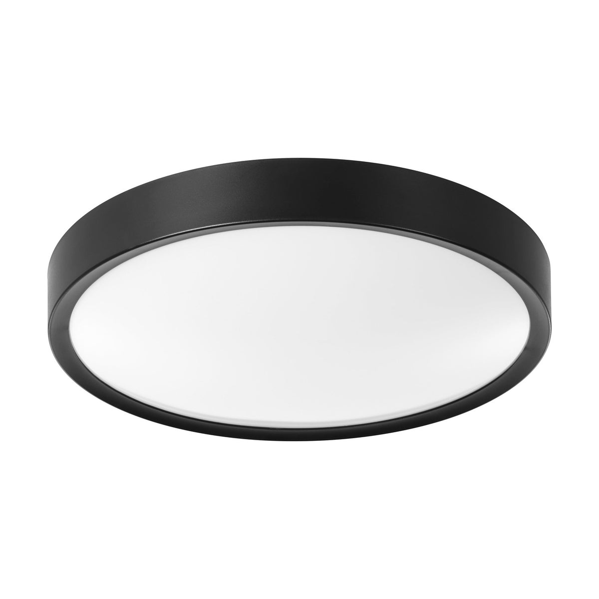Musurita LED Flush Ceiling Light, 44cm round fixture with a black steel rim and white plastic diffuser, shown at an angle on a plain white background.