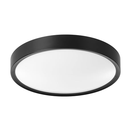 Musurita LED Flush Ceiling Light, 44cm round fixture with a black steel rim and white plastic diffuser, shown at an angle on a plain white background.