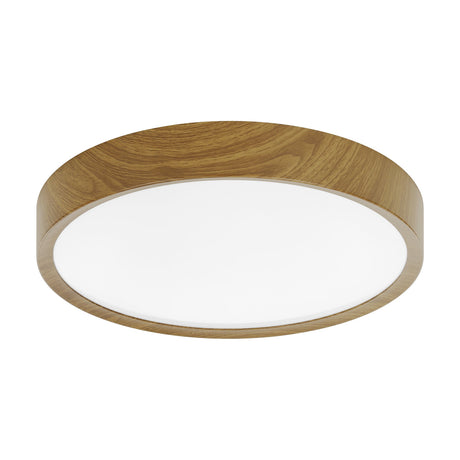 Musurita LED Flush Ceiling Light, 44cm round fixture with natural wood effect rim and white plastic diffuser, shown on a plain white background.