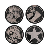 Set of 4 round metal Avengers coasters in black and silver, featuring a clenched fist, upright hammer, armoured helmet, and five-pointed star, each with a thin silver ring edge on a white background.