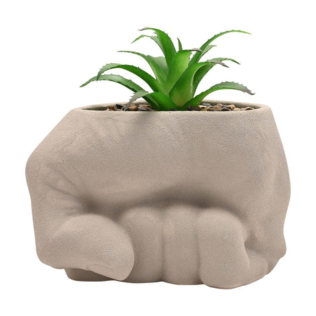 Hulk Fist Textured Ceramic Planter in grey, shaped like a clenched fist with rounded knuckles, holding a faux succulent plant on a plain white background.