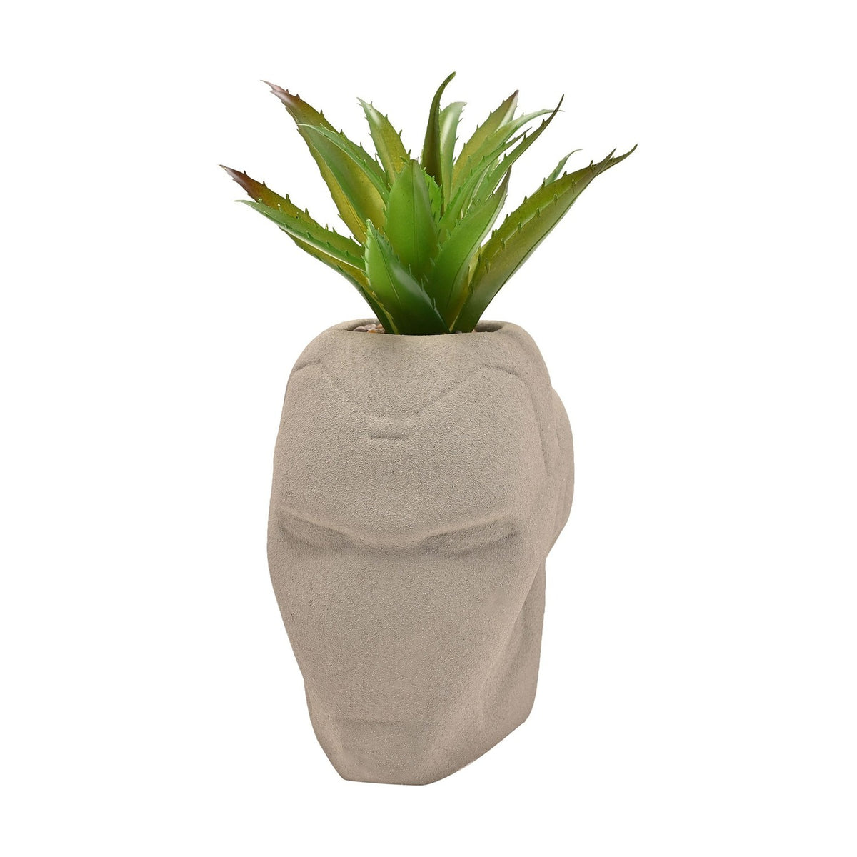 Iron Man helmet-shaped metal planter in matt cement grey with raised facial detailing, planted with a spiky green faux plant, shown on a plain white background.