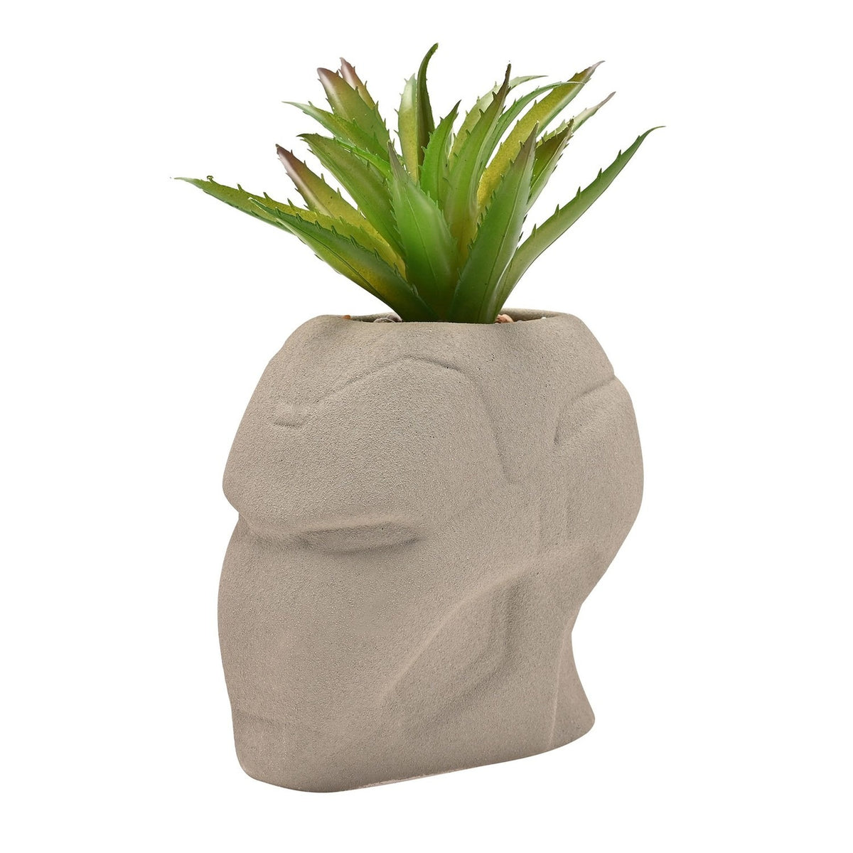 Iron Man Helmet planter in matt cement grey metal with raised facial detailing, holding a spiky green faux plant, shown on a plain white background.