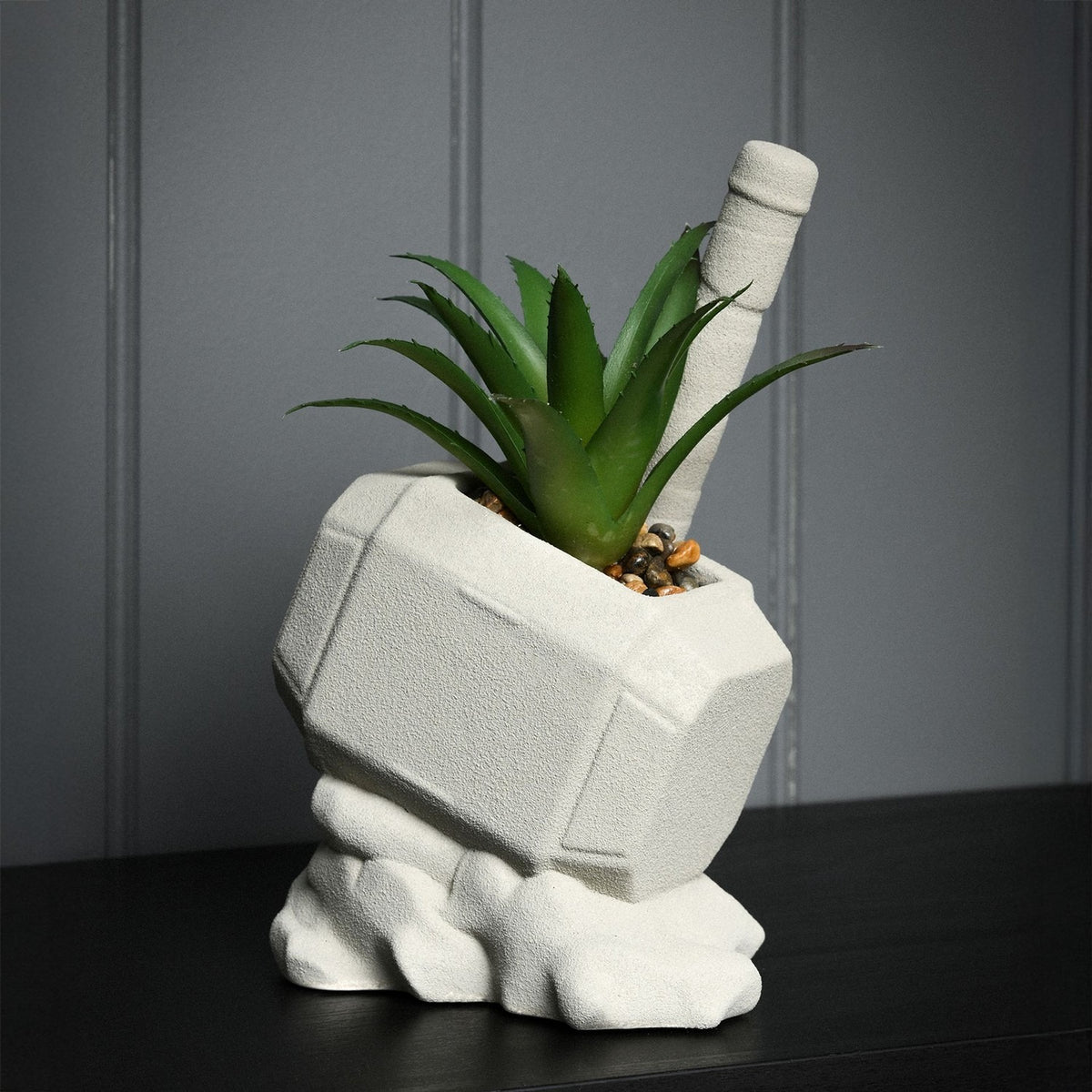 Thor Hammer Ceramic Planter with Faux Succulent Plant - Grey
