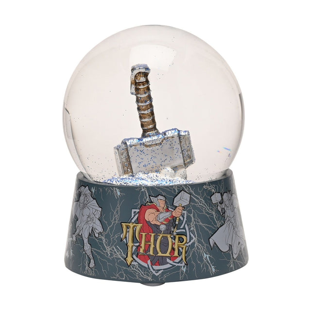 Avengers Thor's Hammer resin snow globe with silver hammer and blue glitter in a round globe, set on a blue-grey base with gold "THOR" lettering, on a white background.
