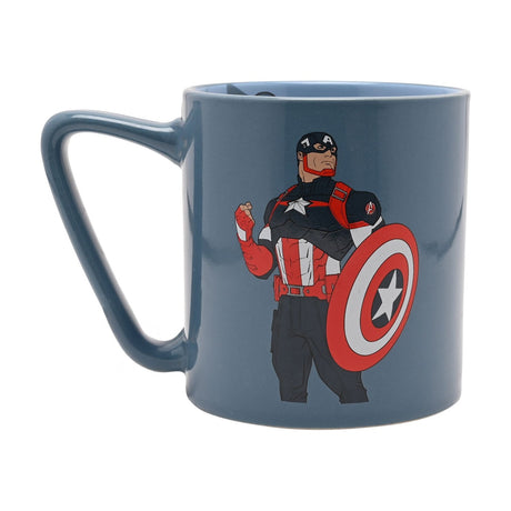 Blue porcelain mug with C-handle, printed with Captain America standing with raised fist and shield, set against a plain white background.