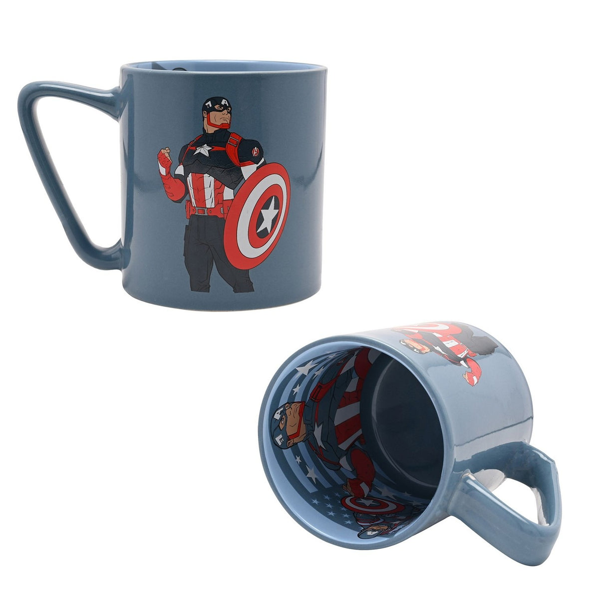 Blue porcelain Captain America mug shown upright with shield graphic and handle, alongside a tilted view revealing a printed interior design, on a plain white background.