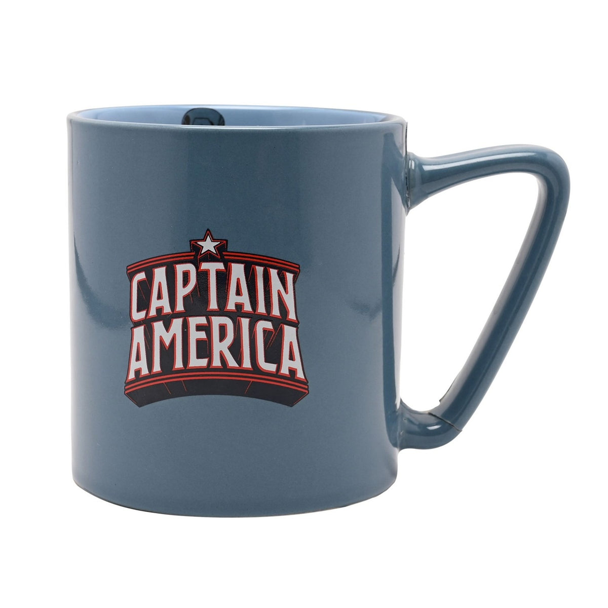 Blue porcelain Captain America mug with C-handle, featuring "CAPTAIN AMERICA" logo in white and red lettering on the front, set against a plain white background.