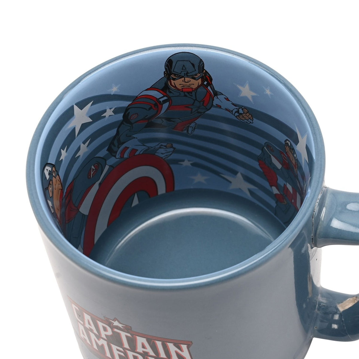 Avengers Captain America porcelain mug in blue, viewed from above showing the inside decal of Captain America with shield, stars and stripes design, exterior reading "CAPTAIN AMERICA".