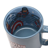 Avengers Captain America porcelain mug in blue, viewed from above showing the inside decal of Captain America with shield, stars and stripes design, exterior reading "CAPTAIN AMERICA".