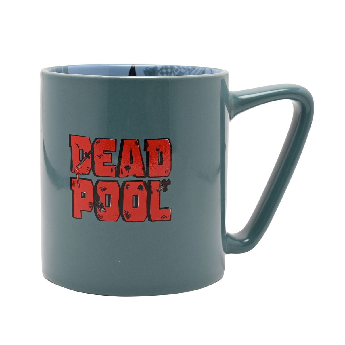 Green porcelain Deadpool mug with bold red "DEAD POOL" comic lettering on the side, C-shaped handle, and a pale blue patterned decal visible inside the rim.