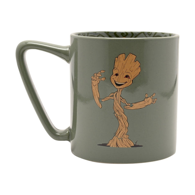 Green porcelain mug featuring a dancing Groot illustration in wood-brown tones, with a patterned inside decal visible, shown on a white background.