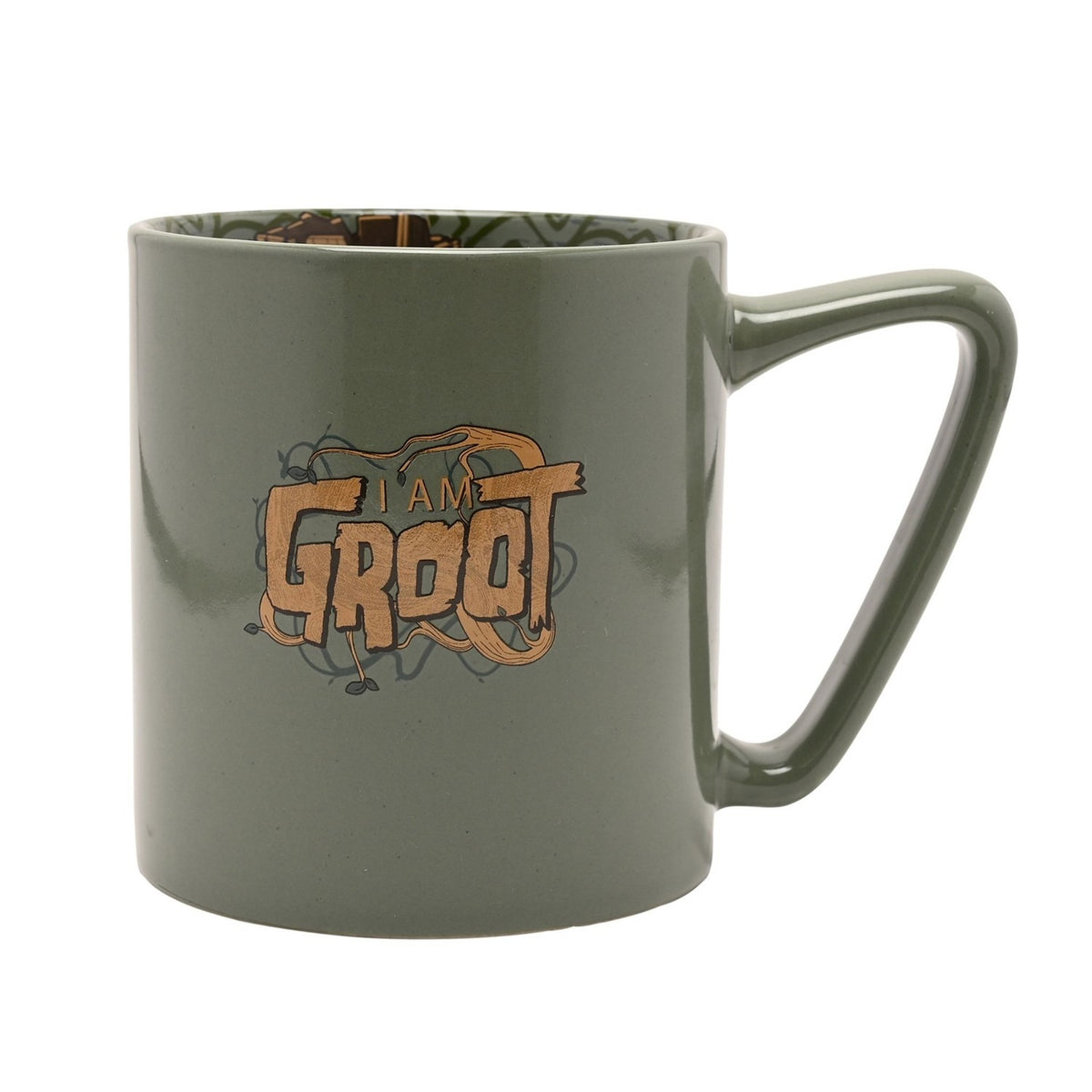 Green porcelain mug with "I AM GROOT" wood-grain lettering and vine design, glossy finish, visible inside decal pattern, on a plain white background.